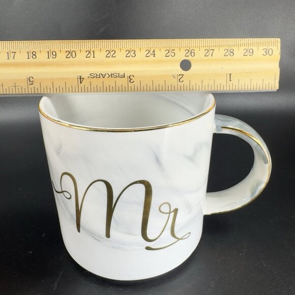 Mr & Mrs Coffee Mug Cup Set Ceramic Marble Coloring Gold Edges Wedding Gift Mugs - Picture 3 of 13